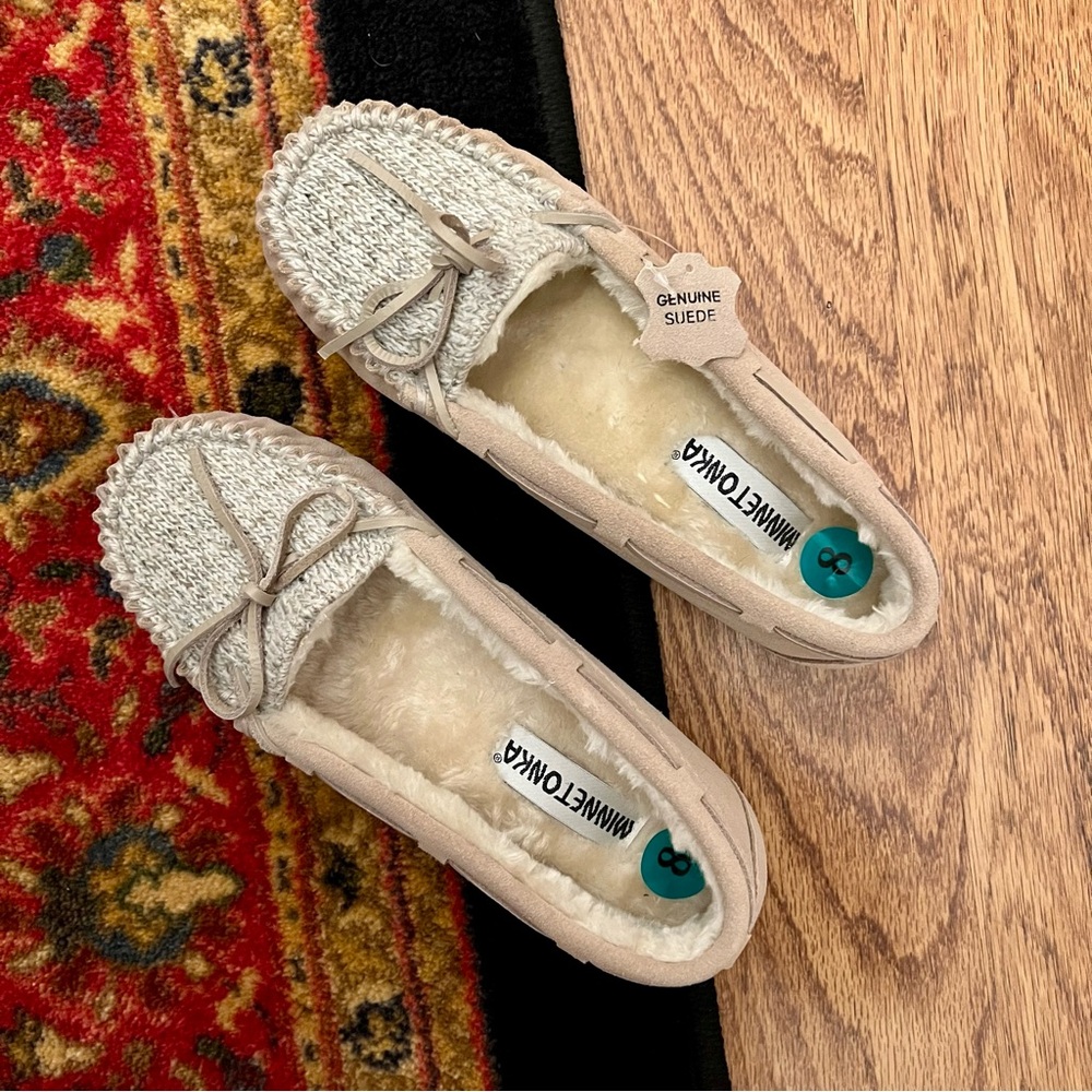 Minnetonka Allie Knit Women's Tan Suede Moccasins